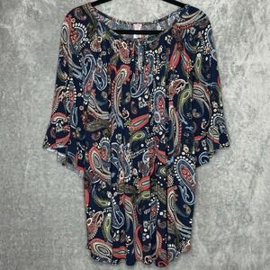 Honeyme Curvy XXL 2X Shirt Top Navy Blue Paisley Flutter Short Sleeve Scoop Neck